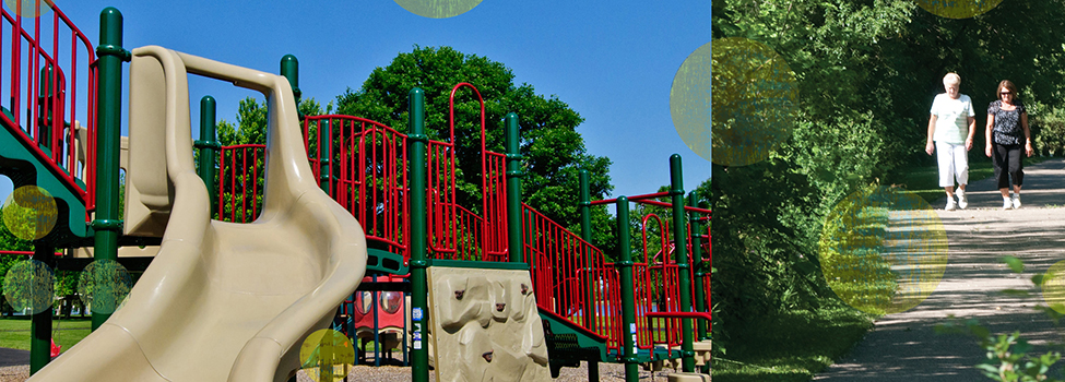 Photo collage: play structure at a park, couple walking on a wooded paved trail in a park
