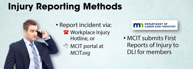 Employee Injury Reporting Cropped slide with title Injury Reporting Methods, photo of business man on phone with detail text