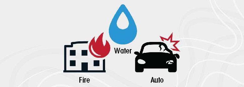 Icons for building fire, water and auto crash against a light gray background