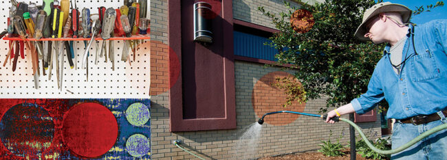 Collage of photos: screw drivers and other hand tools hang on peg board; man waters landscaping, illustration of red and blue circles and squares