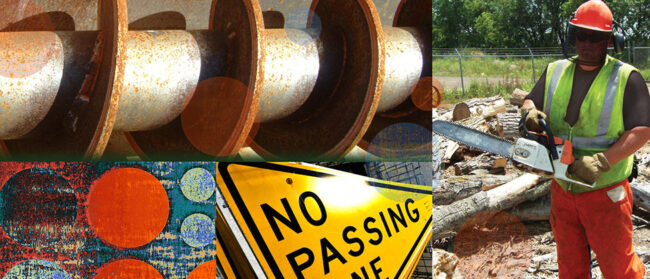 Collage of photos: Close up of heavy equipment blades, No Passing Zone sign, public works employee holding chain saw and wearing personal protective equipment
