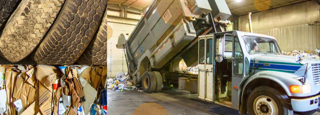 Photo collage of close up of stacked old tires, bundled paper for recycling and dump truck with bed raised