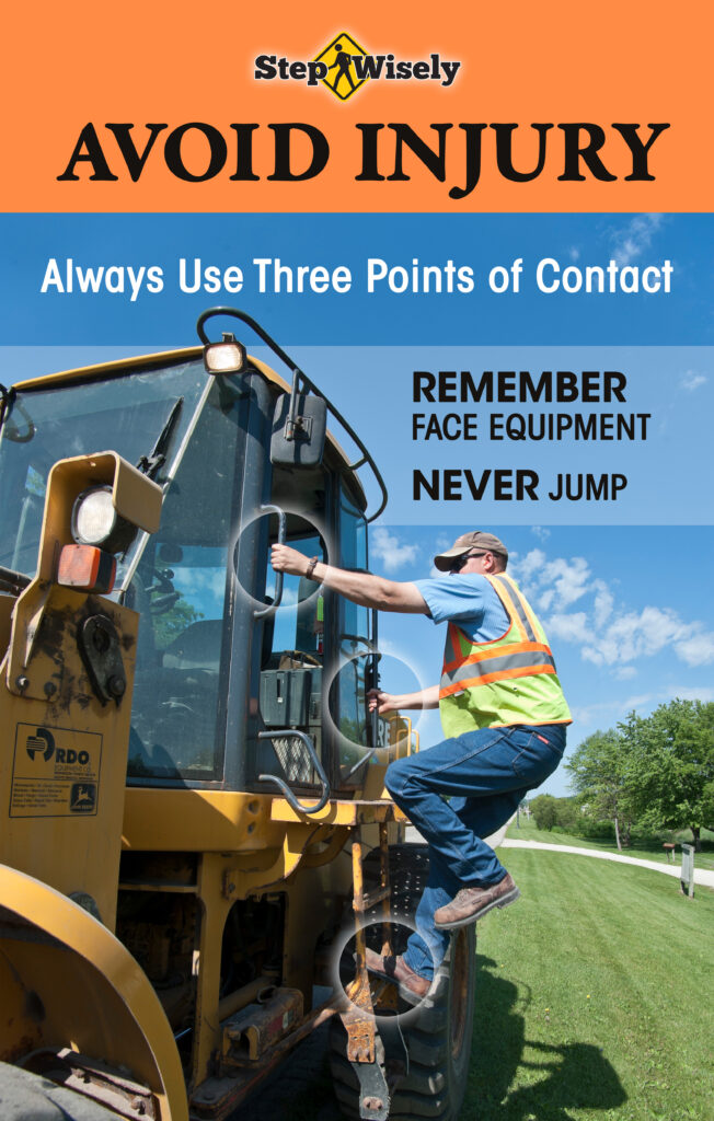 Poster: Avoid Injury, Always Use Three Points of Contact. Shows man climbing into large construction vehicle while holding on with two hands and one foot is on step rail.