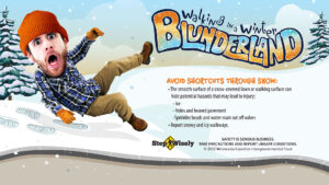 Step Wisely Walking in a Winter Blunderland large digital image. "Avoid shortcuts through snow" Man with large cartoonish head slipping on a snowbank next to a path.