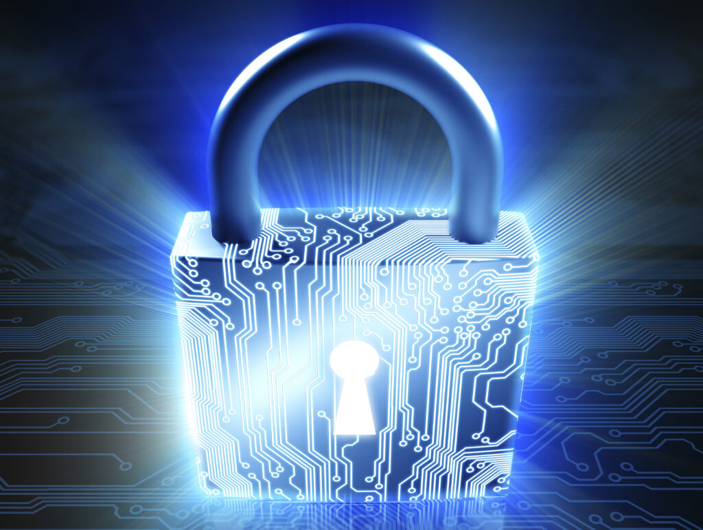 Locked padlock shines with computer circuitry overlay