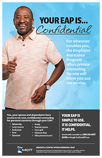 Your EAP is Confidential poster. Middle aged man dancing against blue background.