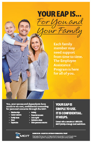 Your EAP is for You and Your Family poster. Happy husband and wife with young daughter against bright golden background.
