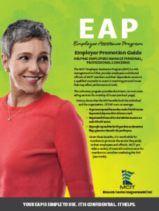 EAP Employer Promotion Guide cover. Features middle aged woman against lime green background.