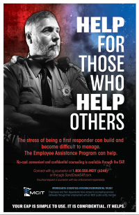 Help for those who help others EAP poster, Black and white sheriff against black, red and blue background,