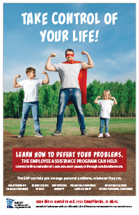 Take control of your life EAP poster. Dad in super hero cape flexing muscles with two kids copying him.
