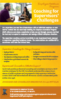 Coaching for Supervisors' Challenges flyer. Two people talking with bright golden background.