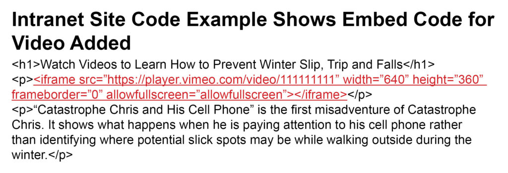 Screenshot of "Intranet Site Code Example Shows Embed Code for Video Added"