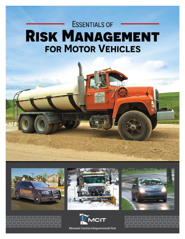 Cover of Essentials of Risk Management for Motor vehicles. Features an orange tank truck with smaller police squad, snow plow and car