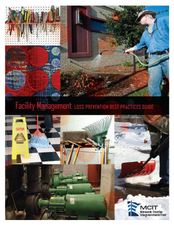 Facility Management Loss Prevention Best Practices Cover. Collage of pictures show a man watering flowers, tools hung on wall, person mopping, broom and rake hung on wall, man shoveling snow, basement equipment