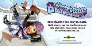 Step Wisely Walking in a Winter Blunderland small digital image. "Keep hands free for balance." Woman with large cartoonish head has fallen down the stairs and landed on back with legs and arms in air. Computer, coffee cup, folders and purse are falling through the air.