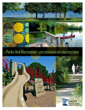 Cover of Parks and Recreation Loss Prevention Guide. Collage of images showing playground slide, swimming beach, people canoeing and people walking along paved nature path.