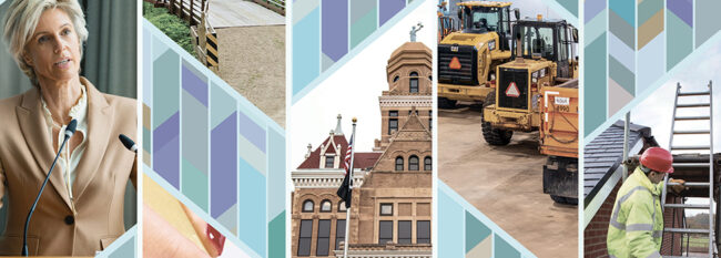 Collage of politician speaking, county courthouse facade, road construction equipment and worker on roof