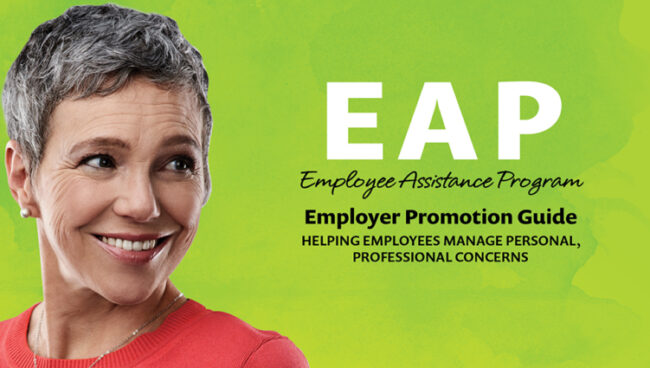 Mature woman looks over shoulder smiling against mottled bright green background with text EAP Employee Assistance Program Promotion Guide for Employers