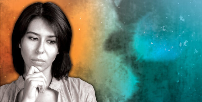 Your EAP Provides Support for You Whatever Your Concern Black and white image of woman looking pensive against a mottled orange and aqua background