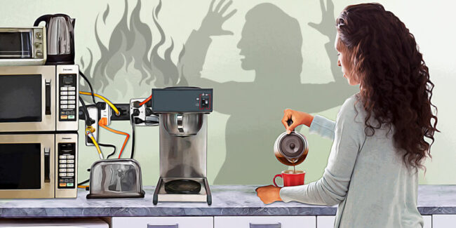 Shows woman pouring coffee but ignoring electrical hazard of too many electrical appliances plugged in to outlets. Shadow shows fire starting.