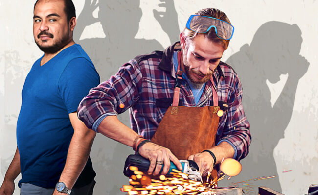 Shows man working with tools and creating sparks while eye protection is on top of head, co-worker walks by without saying anything. Shadows show man's eyes get injured.