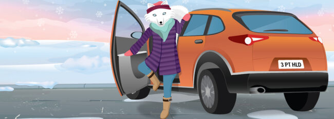 Illustration of arctic fox dressed in winter coat and boots exiting a car while holding on to door, car frame and one foot solidly on the ground