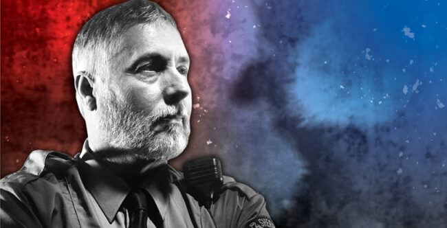 Help for Those Who Help Others Deputy sheriff in black and whit looks off to side against mottled red, blue and gray background