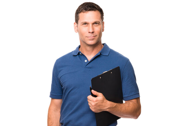 Thirty-something causal businessman with clipboard isolated on White background