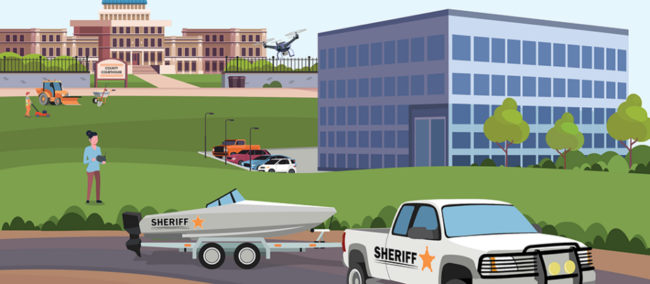 Illustration showing various types of property a public entity may own: buildings, vehicles, boats, equipment