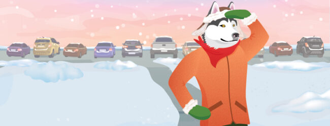 Illustration of husky dressed in winter coat looking ahead to see a cleared path through snow from parking lot behind it