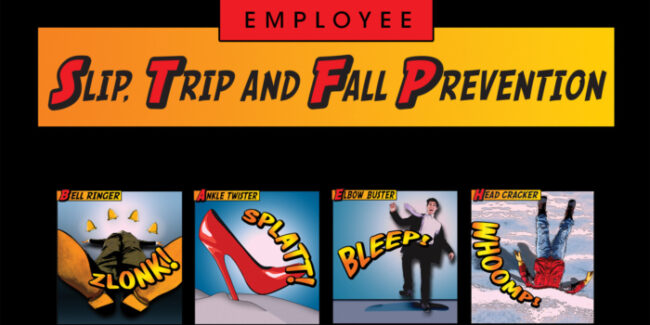 Title slide for employee slip, trip and fall prevention training, a part of the Step Wisely program.