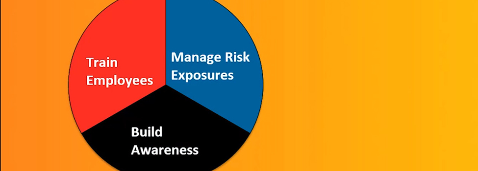 Cropped screen shot of pie graph equally divided among train employees, manage risks and build awareness