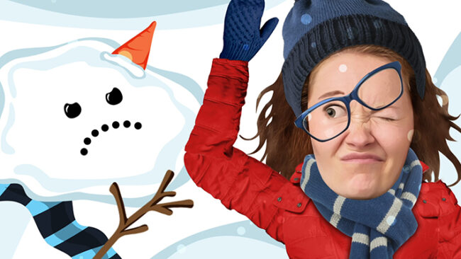 Smashed snowman frowns at woman who crashed into it. Her glasses are askew and she frowns while eyeing snowman with one eye open