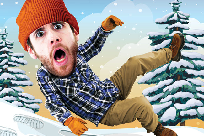 Illustration of man with overly large head sideways in air from slipping on snow. Eyes and mouth large in surprise.