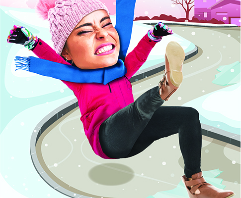 Illustration of woman slipping on icy path wearing smoot-soled shoes. Overly large head has exaggerated surprised expression.