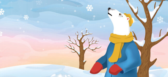 Illustration of polar bear wearing winter coat and scarf looks up at snow falling. Snow covers ground and trees in background.