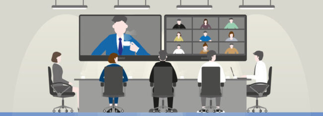 Open Meeting Law FAQs: Meeting Remotely Illustration of 5 people meeting at a long table. One large TV shows a person meeting virtually. Another large TV shows 9 people attending meeting virtually.