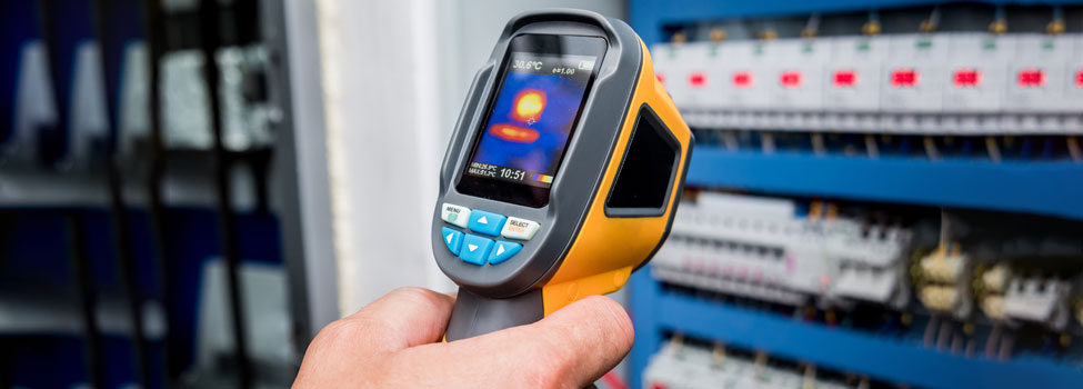 Technician use infrared thermal imaging camera to check temperature at fuse-box