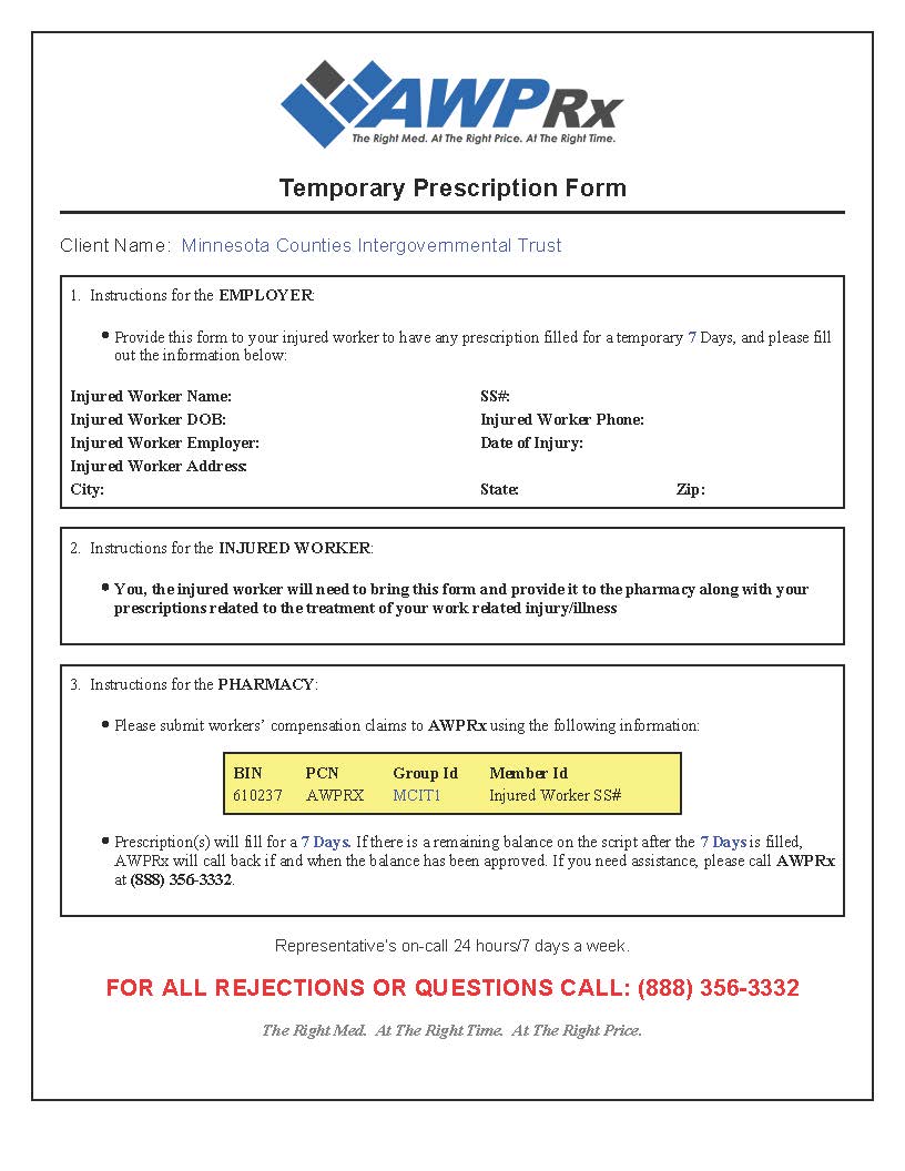 AWPRx temporary prescription form for workers' compensation benefit