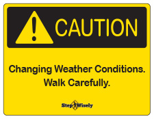 Step Wisely yellow caution poster - "Changing Weather Conditions. Walk Carefully."
