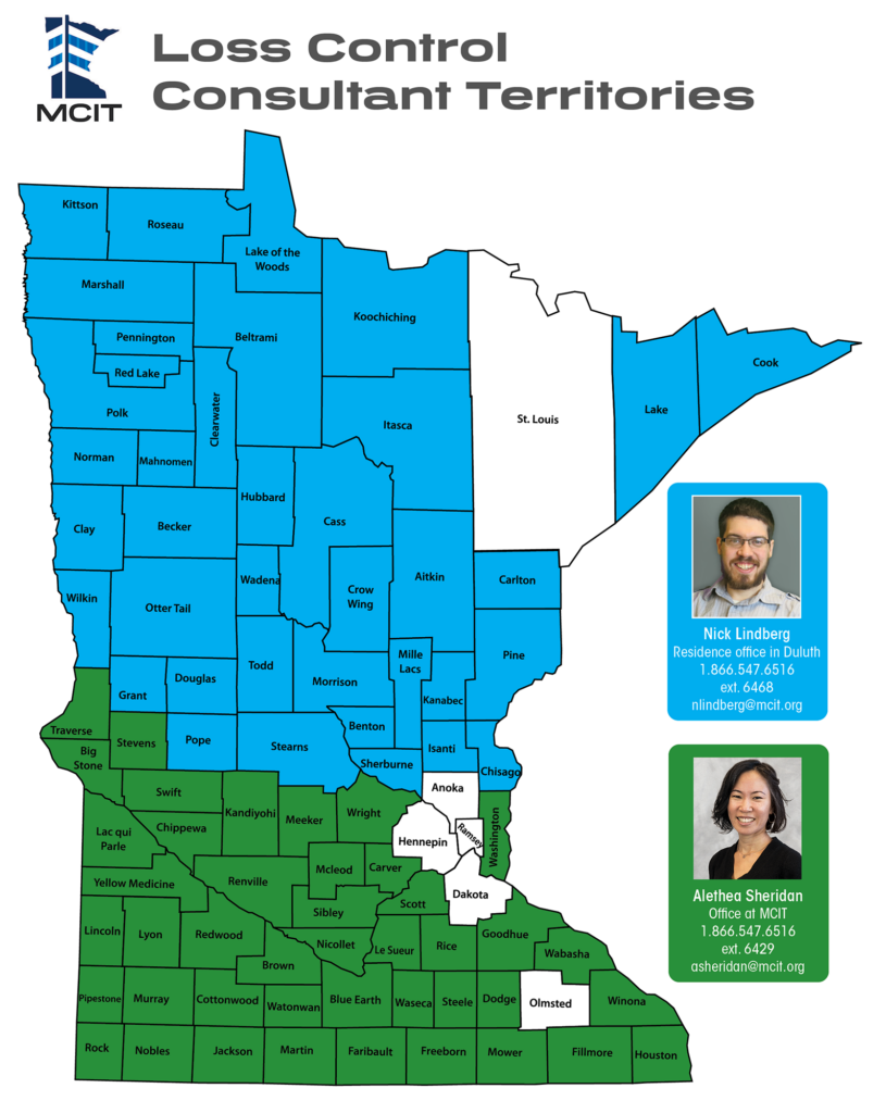 Color coded map of Minnesota counties indicating territories for MCIT loss control consultants