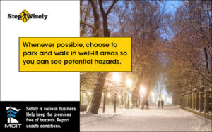 Step Wisely Email digital image. Park and Walk in Well-lit Areas. People walking down a well lit snowy path.
