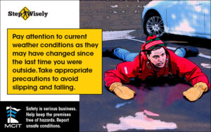 Step Wisely Email digital image. Pay Attention to Current Weather Conditions. Comic book style man has fallen on stomach near his car.