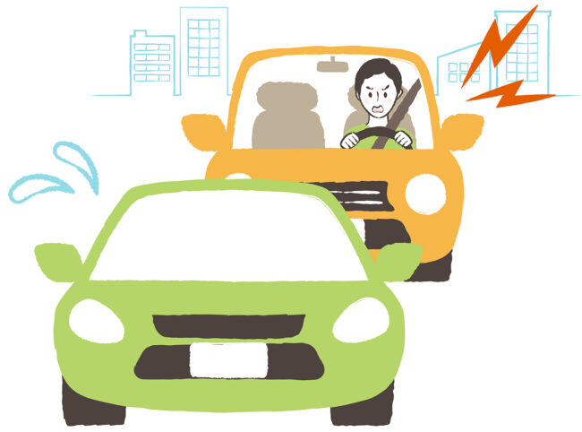 illustration of man driving with irritated expression. Lightning bolts surround car. Car in front is surrounded by sweat drops.