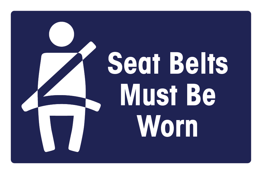Illustration of person seated with seat belt fastened with text: Seat Belts Must Be Worn against a purple background