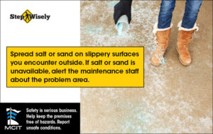 Step Wisely Email digital image. Spread Salt or Sand on Slippery Surfaces. Woman using a cup to spread salt on a sidewalk.