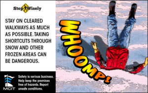 Step Wisely Email digital image. Stay on Cleared Walkways as Much as Possible. comic book style image of man who has fallen in snow head first.