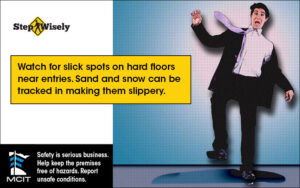 Step Wisely Email digital image. Watch for Slick Spots in Entries. Comic book style businessman slipping on a puddle.