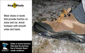 Step Wisely Email digital image. Wear Shoes or Boots that Provide Traction. Brown hiking boots with non slip coverups on the bottom.