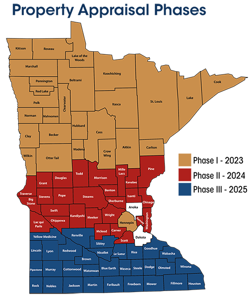 Map of Minnesota counties color coded to show phases 1 (northern Minnesota), 2 (central Minnesota) and 3 (southern Minnesota) for property appraisals